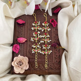 Vriksham Diya Shape Kundan Jadau Single Strand Maatil-Red Green & White-Rice Pearls-J3248